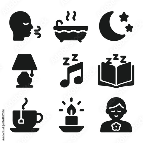 Sleep Icons Grid. Solid, filled icons set of sleep and relaxation routines: calm breath, warm bath, quiet night, sleep light, gentle music, bedtime read, bedtime tea, calm glow, relax mode.