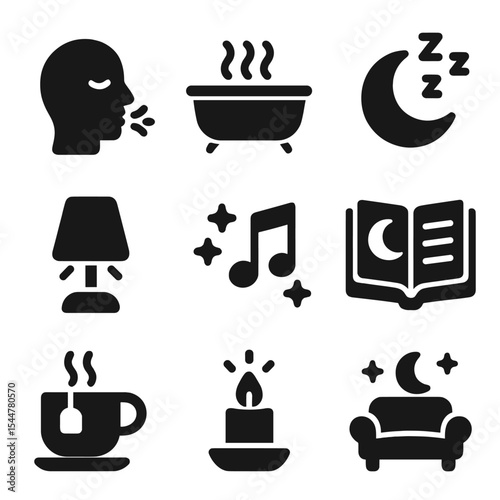Sleep Icons Grid. Solid, filled icons set of sleep and relaxation routines: calm breath, warm bath, quiet night, sleep light, gentle music, bedtime read, bedtime tea, calm glow, relax mode.