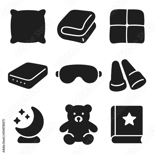 Sleep Essentials Icons. Solid, filled icons set of sleep essentials: cozy pillow, soft blanket, warm comforter