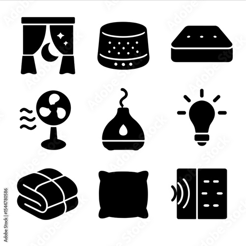 Sleep Optimization Icons. Solid, filled icons set of sleep environment optimization: blackout curtains, white