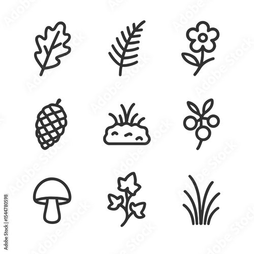 Trail Flora Icons. Outline icon set of trail flora: oak leaf, fern frond, wildflower bloom, pine cone, moss patch, berry cluster,