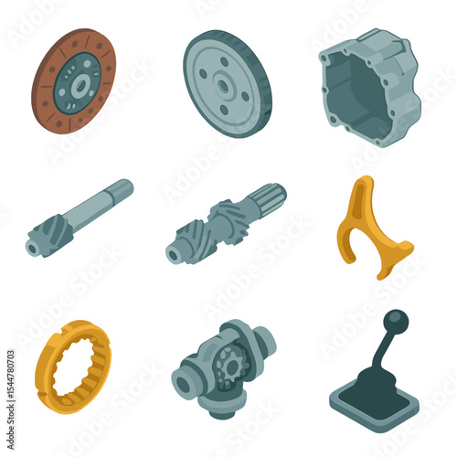 Transmission Mechanism Icons. Isometric Flat icon set of Transmission and Gearbox Mechanisms: clutch plate, flywheel, gearbox