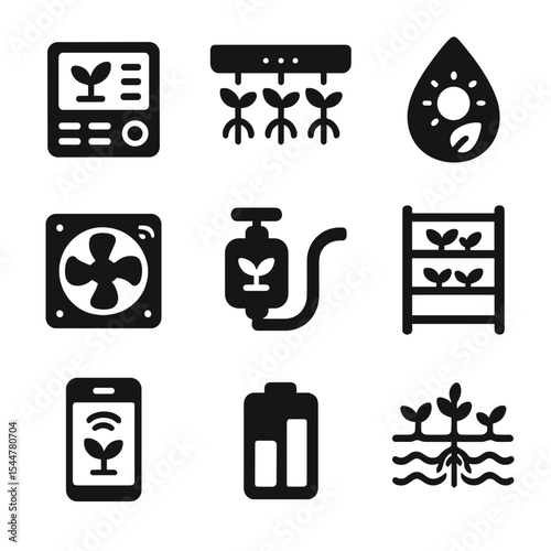 Smart Agriculture Icons. Solid, filled icons set of smart agriculture equipment: control panel, LED grow light