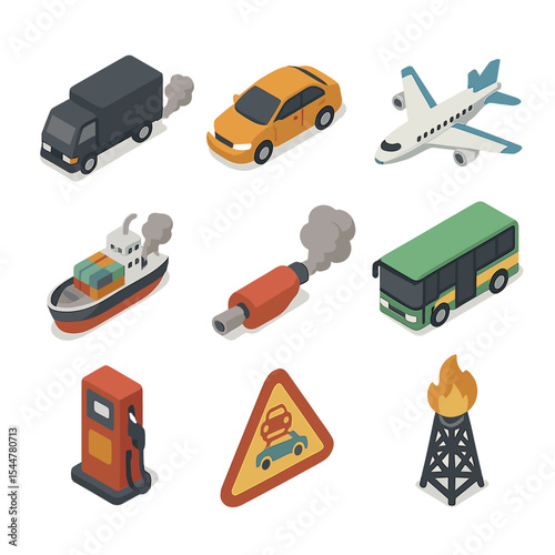 Transportation Carbon Icons. Isometric Flat icon set of transportation-related carbon growth: diesel truck silhouette, private car
