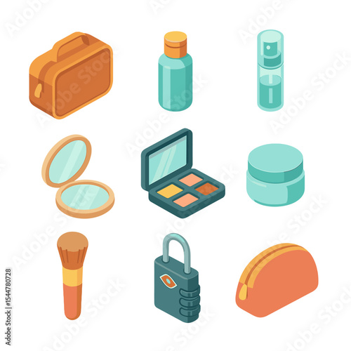 Travel Beauty Essentials Icons. Isometric Flat icon set of travel-sized beauty items: travel toiletry bag, mini shampoo bottle,