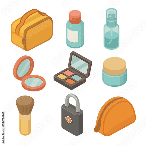 Travel Beauty Essentials Icons. Isometric Flat icon set of travel-sized beauty items: travel toiletry bag, mini shampoo bottle,
