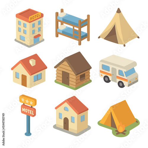 Travel Icon Set. Isometric Flat icon set of travel accommodations: hotel building, hostel bunk bed, glamping tent, Airbnb house,