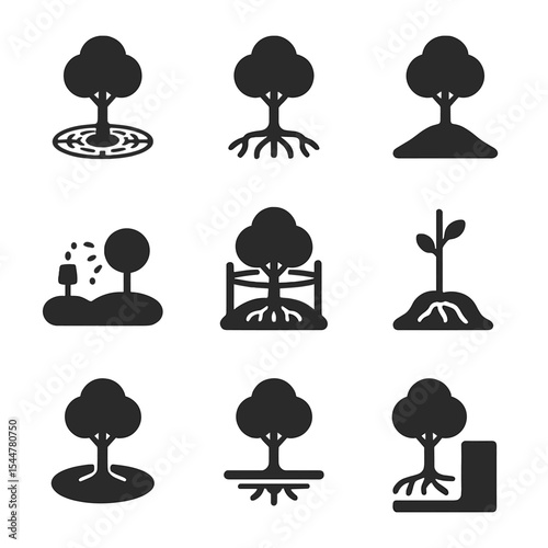 Tree Pit Icons. Flat icon set of tree pits: pit grate, exposed roots, soil mound, irrigation emitter, guard barrier, sapling stake