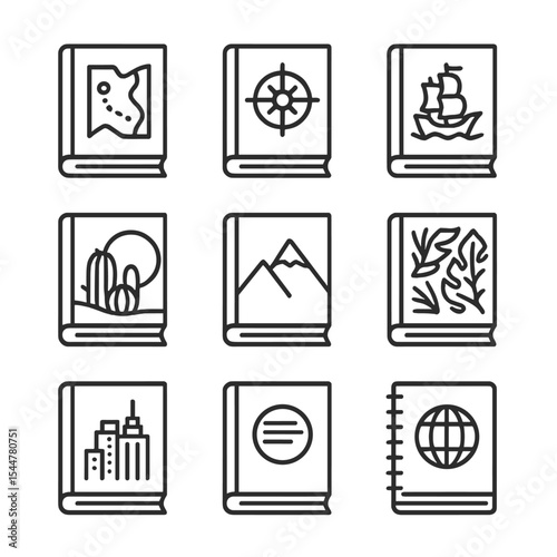 Travel Novel Icons. Outline icon set of travel-inspired novels shelf: map cover, compass design, ship illustration, desert scene,
