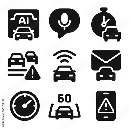 Smart Driving Icons. Solid, filled icons set of smart driving assistant tools: AI dashboard, voice command