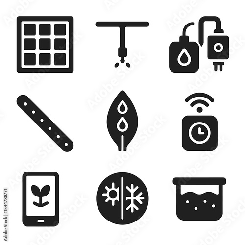 Smart Garden Tools Icons. Solid, filled icons set of smart vertical garden tools: modular frame, irrigation