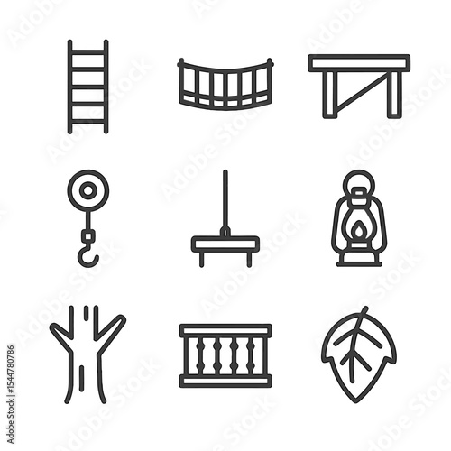 Treehouse Icon Set. Outline icon set of treehouse perspectives: ladder, rope bridge, wooden platform, pulley, rope swing, lantern,