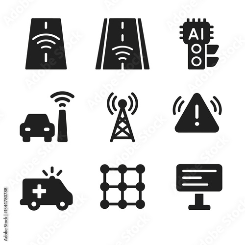 Smart Infrastructure Icons. Solid, filled icons set of smart infrastructure: intelligent road, sensor embedded