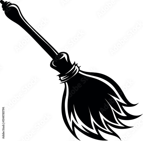Stylized witch's broom in silhouette with decorative handle bristles  