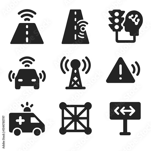 Smart Infrastructure Icons. Solid, filled icons set of smart infrastructure: intelligent road, sensor embedded