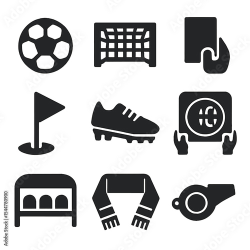 Soccer Icon Set. Solid, filled icons set of professional soccer matches: soccer ball, goal net, red card,