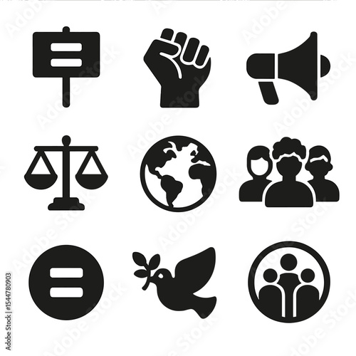 Social Justice Icons. Solid, filled icons set of social justice: protest sign, raised fist, megaphone, balance