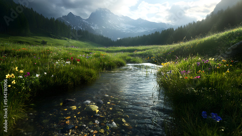 Fototapeta Naklejka Na Ścianę i Meble -  A picturesque mountain meadow with a crystal-clear stream meandering through lush green grass and colorful flowers.