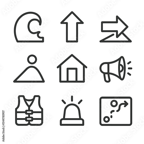 Tsunami Evacuation Icons. Outline icon set of tsunami evacuation: wave symbol, high ground arrow, evacuation route sign, safe zone
