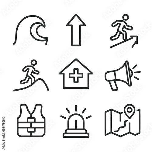 Tsunami Evacuation Icons. Outline icon set of tsunami evacuation: wave symbol, high ground arrow, evacuation route sign, safe zone