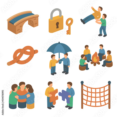 Trust-Building Icon Set. Isometric Flat icon set of trust-building activities: bridge, lock and key, trust fall, rope knot, shared
