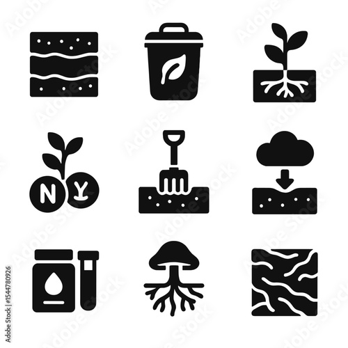 Soil Health Icons. Solid, filled icons set of soil health and enrichment: soil layers, compost bin, root