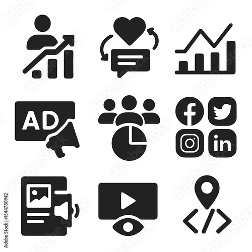 Social Media Analytics Icons. Solid, filled icons set of social media analytics and ROI: follower growth,