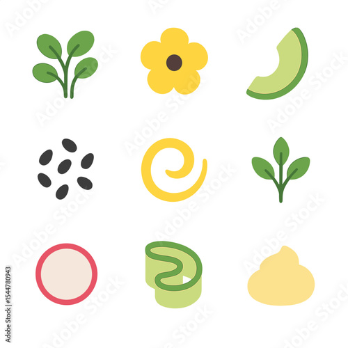Tuna Garnishes Icon Set. Flat icon set of tuna steak serving garnishes: microgreens bunch, edible flower, avocado slice, sesame