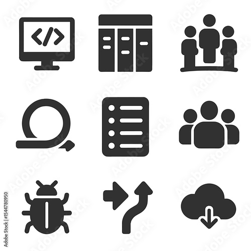 Software Development Icons. Solid, filled icons set of software development team management: code screen,