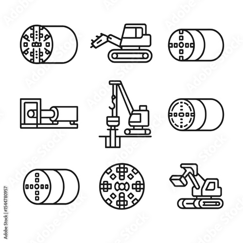 Tunneling Machine Icons Set. Outline icon set of tunneling and boring machines: tunnel boring machine, roadheader, microtunneling