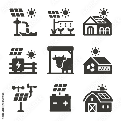 Solar Agriculture Icons. Solid, filled icons set of solar energy in agriculture: solar water pump, irrigation