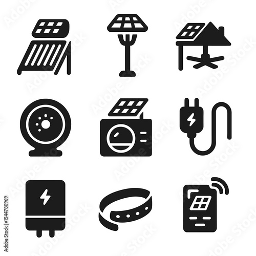 Solar Device Icons Grid. Solid, filled icons set of solar-powered household devices: solar water heater,