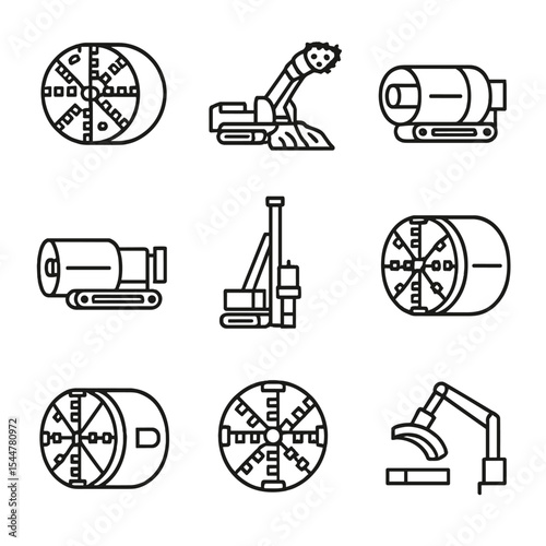 Tunneling Machine Icons Set. Outline icon set of tunneling and boring machines: tunnel boring machine, roadheader, microtunneling