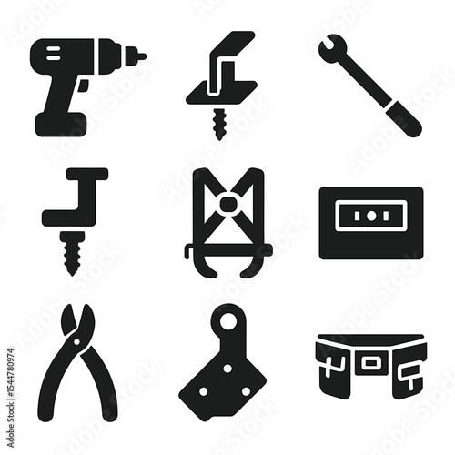 Solar Installation Tools Icons. Solid, filled icons set of solar panel installation tools: drill tool,