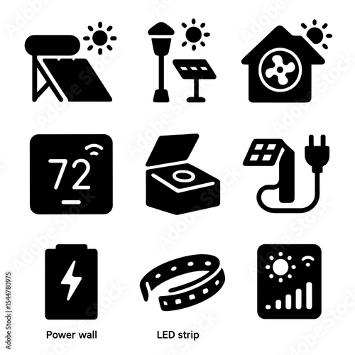 Solar Device Icons Grid. Solid, filled icons set of solar-powered household devices: solar water heater,