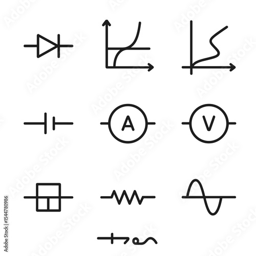 Tunnel Diode Icons. Outline icon set of tunnel diode electronics: diode symbol, I–V curve, negative resistance region, bias