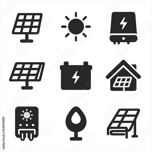 Solar Power Icons. Solid, filled icons set of solar power systems: photovoltaic panel, sun icon, inverter,
