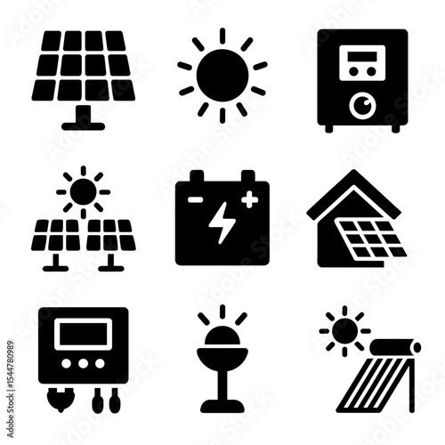 Solar Power Icons. Solid, filled icons set of solar power systems: photovoltaic panel, sun icon, inverter,