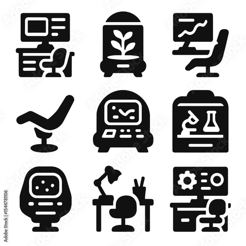 Space Habitat Workspaces. Solid, filled icons set of workspaces in a space habitat: high-tech desk, research
