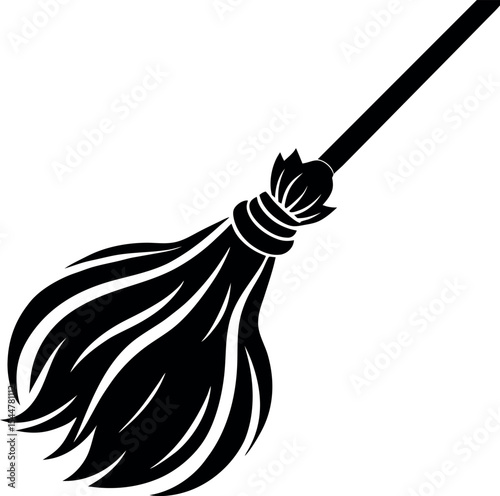 Classic Witch Broomstick with Wooden Handle Bristles Vector Silhouette