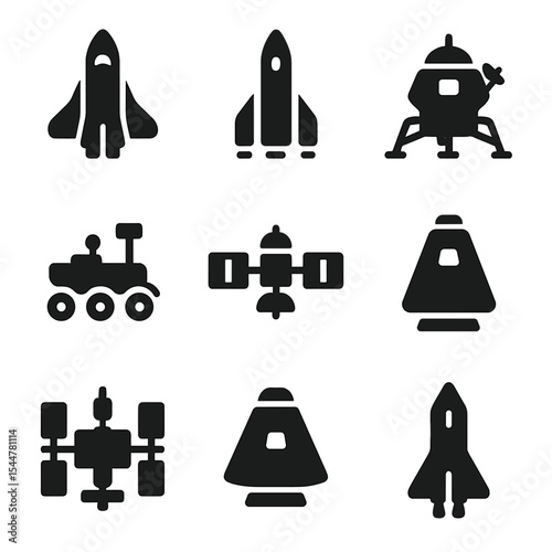 Space Exploration Icons. Solid, filled icons set of space exploration vehicles: space shuttle, rocket booster,