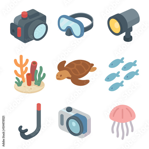 Underwater Photography Icons. Isometric Flat icon set of underwater photography: underwater housing, diving mask, strobe light,
