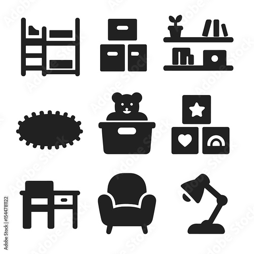 Space Kids' Room Icons. Solid, filled icons set of small space kids' room design: bunk bed, storage boxes,