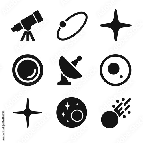 Space Telescope Icons. Solid, filled icons set of space telescope basics: telescope icon, orbit path, star