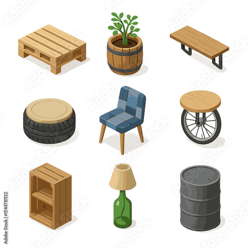 Upcycled Furniture Icons. Isometric Flat icon set of upcycled furniture pieces: pallet coffee table, wine barrel planter,