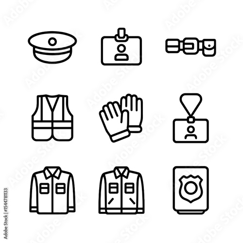 Uniform Component Icons. Outline icon set of uniform components: postal cap, name badge, utility belt, reflective vest, work