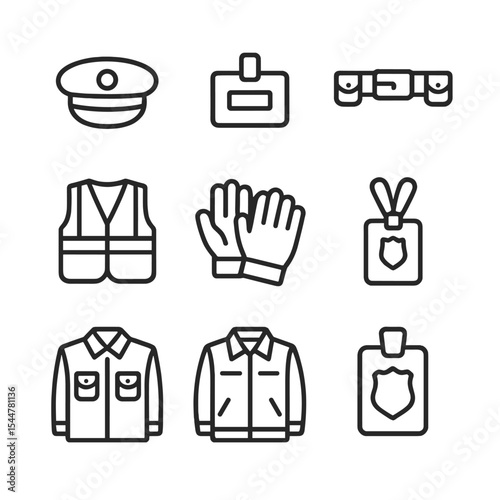 Uniform Component Icons. Outline icon set of uniform components: postal cap, name badge, utility belt, reflective vest, work