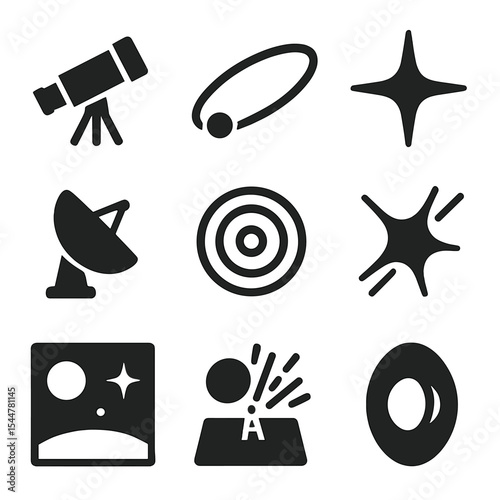 Space Telescope Icons. Solid, filled icons set of space telescope basics: telescope icon, orbit path, star