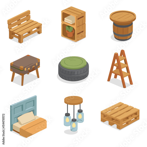 Upcycled Furniture Icons. Isometric Flat icon set of upcycled furniture projects: wooden pallet bench, repurposed crate shelf,