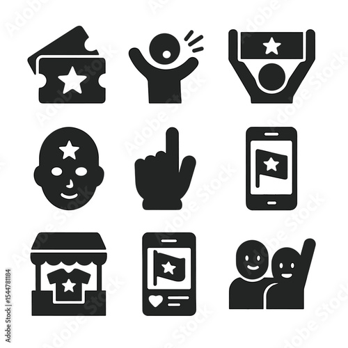 Sports Fan Icons. Solid, filled icons set of fan engagement at sports events: ticket stub, fan chant, team
